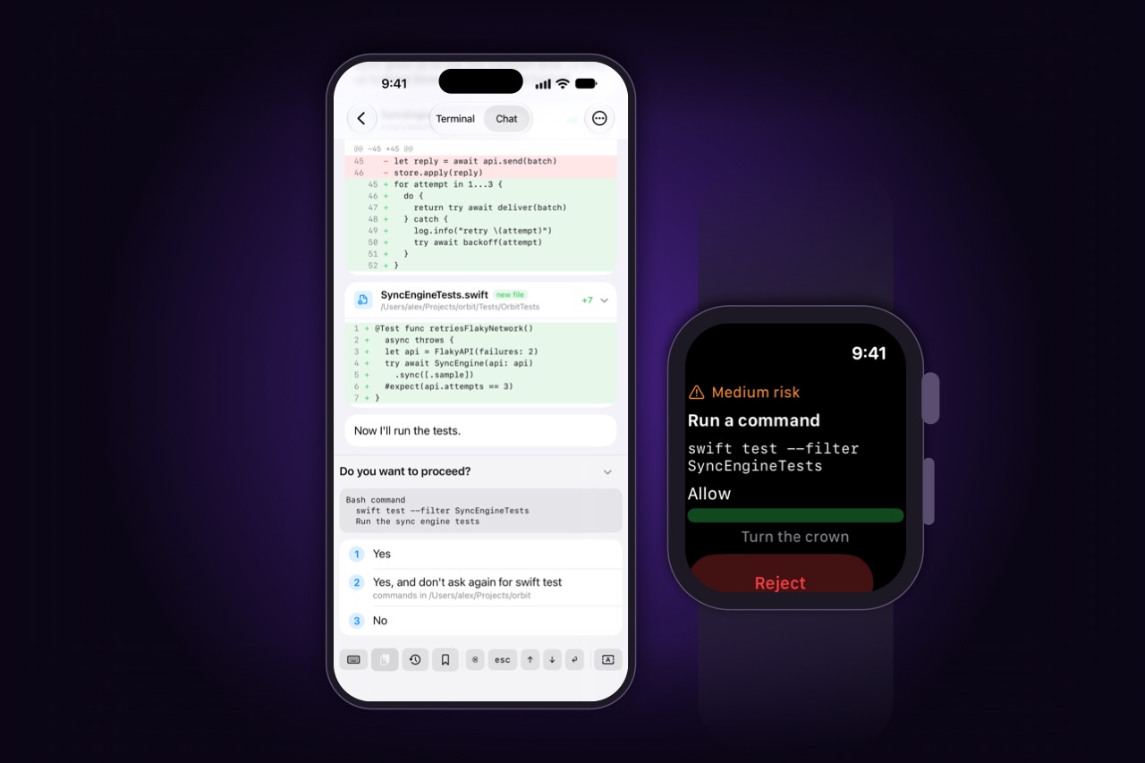 An agent's edit and its request to run the tests, on the phone and on the watch