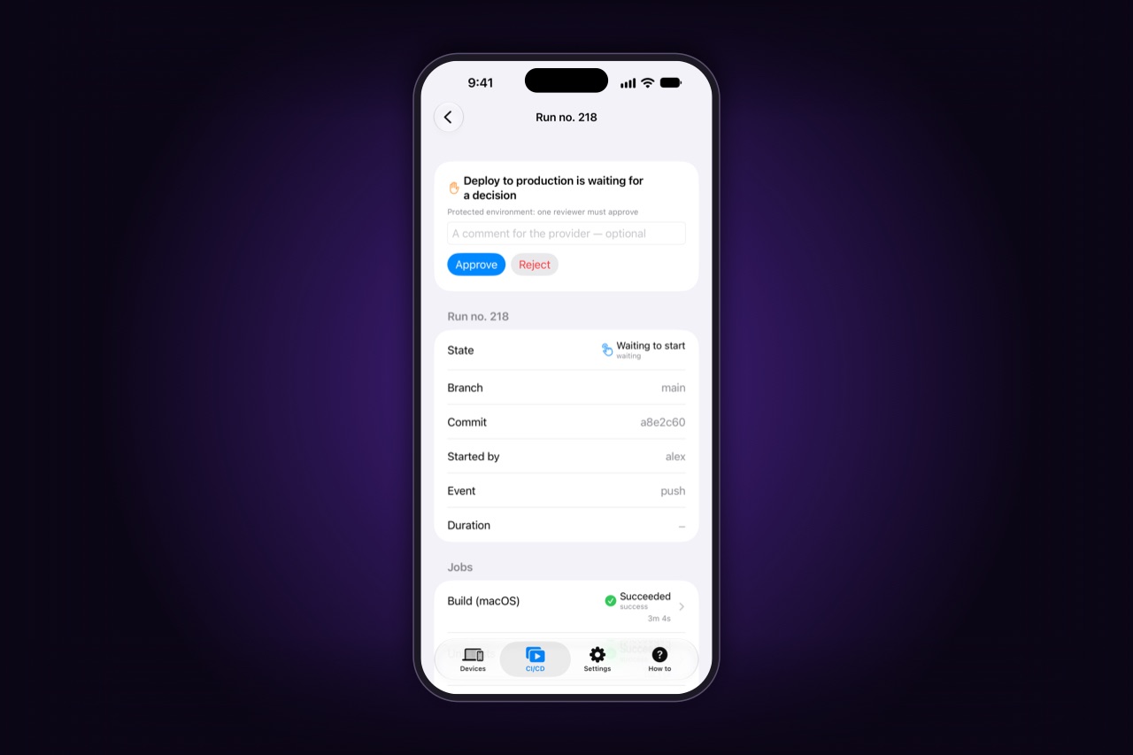 A run waiting for a deploy to production to be approved, with Approve and Reject on the phone
