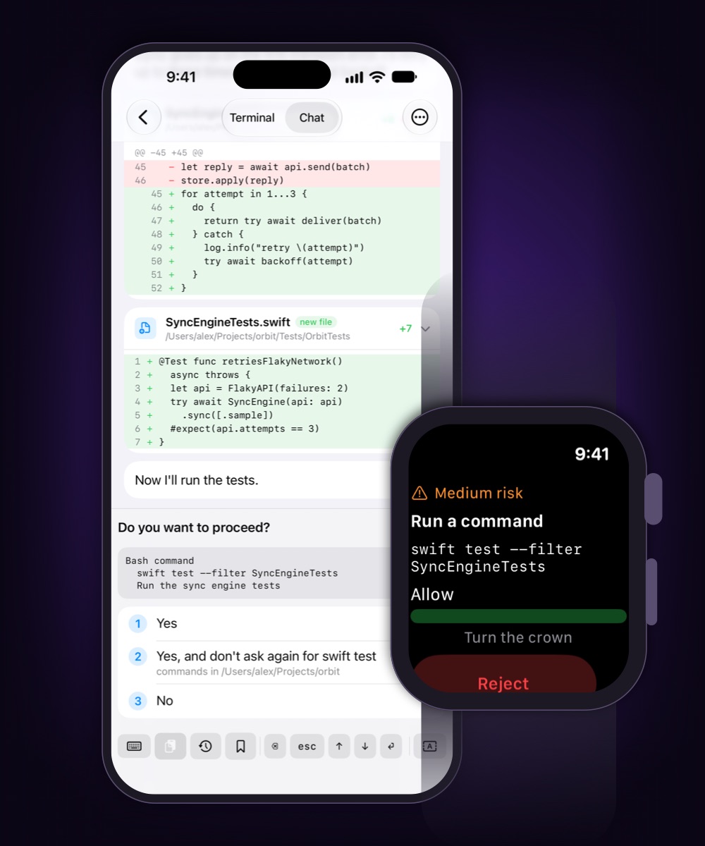 An iPhone in chat view: Claude Code shows a diff it wrote and asks to run swift test, with the options Yes, Yes and don't ask again, and No. Beside it an Apple Watch shows the same command marked medium risk, allowed by turning the crown.